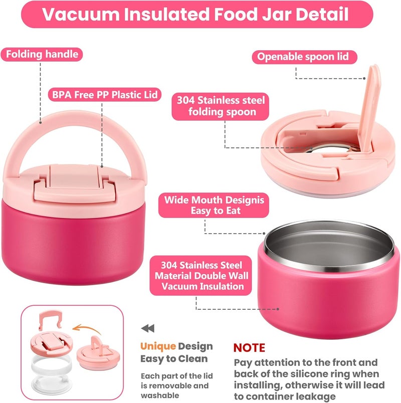Howeemo Bento Lunch Box for Kids with 8oz Soup Thermo,Kids Leakproof Lunch Food Containers with 4 Compartment,Kid Insulated Thermo Hot Food Jar for School,Trvael-Pink - Image 4
